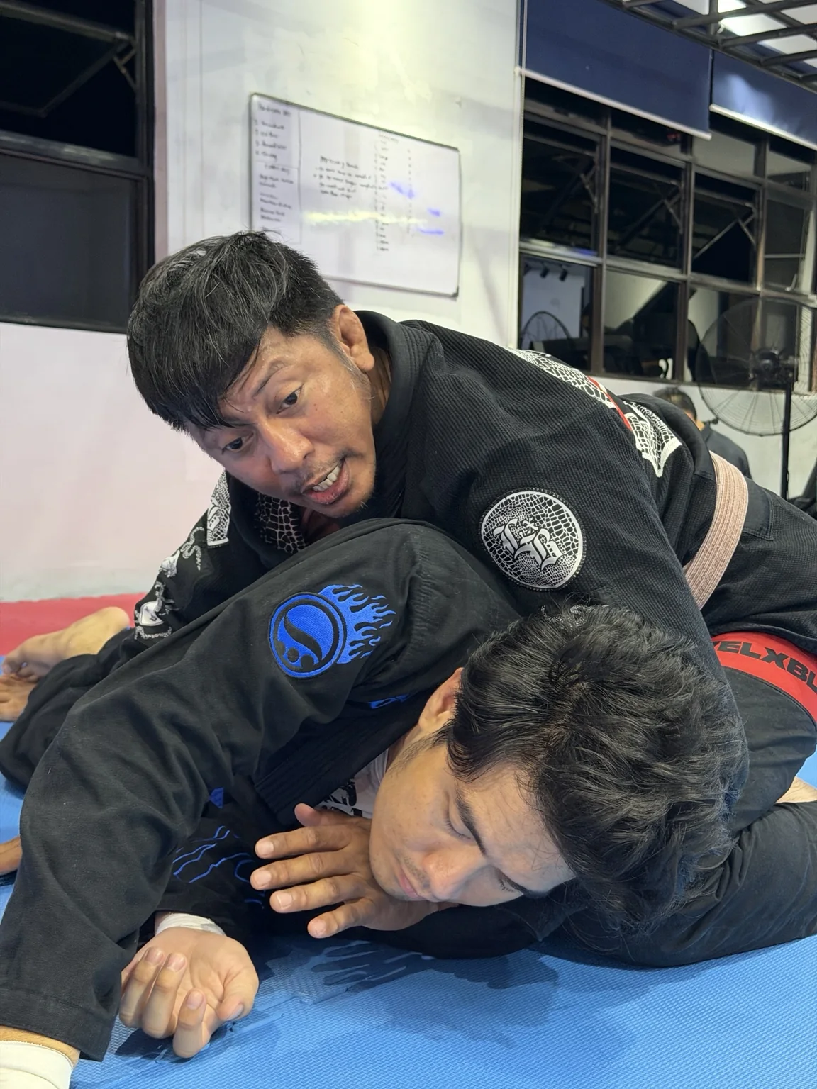 Two Nami Jiujitsu practitioners training a ground technique.